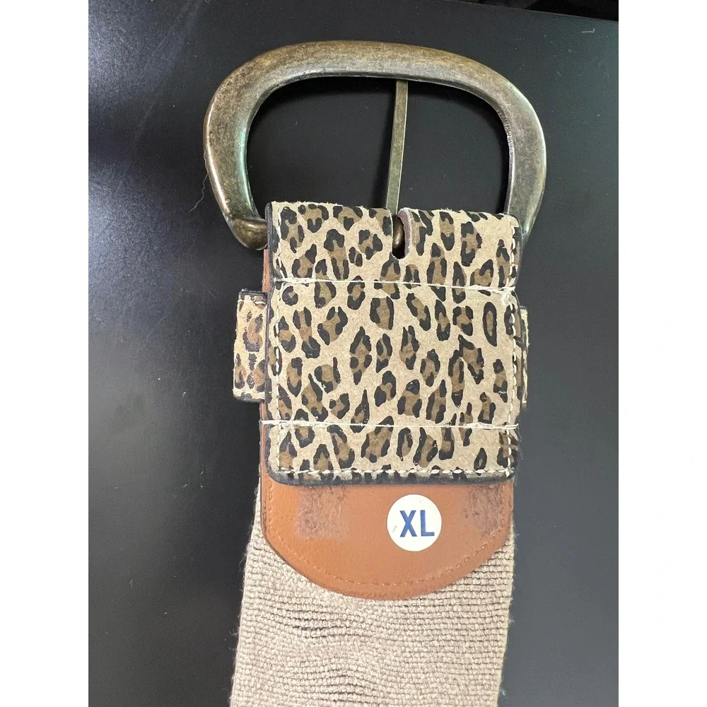 Womens XL Wide Leopard Print Elastic Waist Belt‎ Bronze Buckle Animal Print Tan